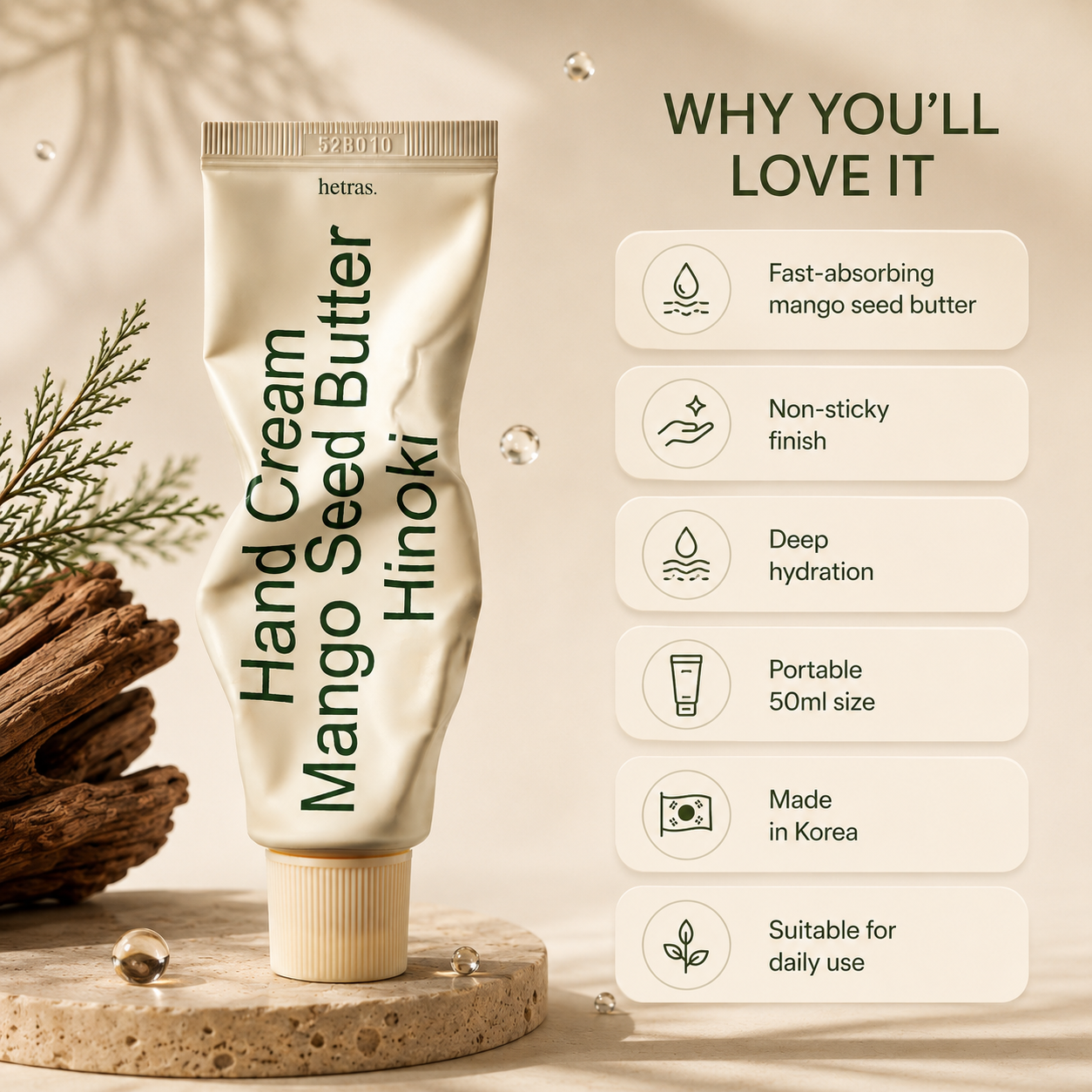 HETRAS Mango Seed Butter Hand Cream - Non Sticky Hand Moisturizer