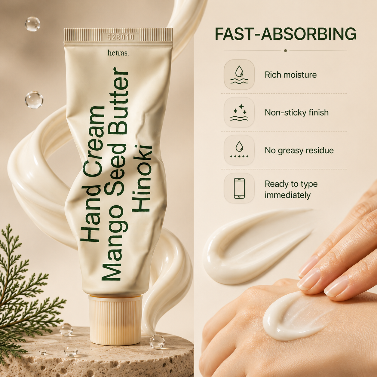 HETRAS Mango Seed Butter Hand Cream - Non Sticky Hand Moisturizer