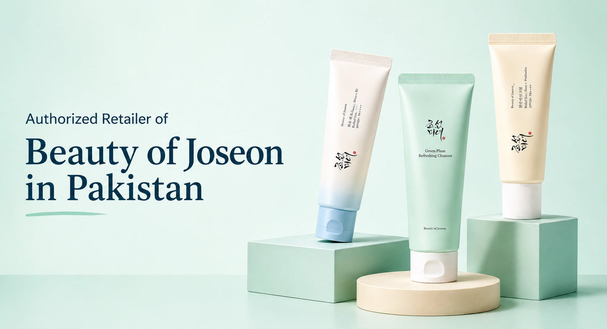 Authorized Retailer of Beauty of Joseon in Pakistan promotional banner showcasing Beauty of Joseon sunscreens and Green Plum Refreshing Cleanser on display pedestals.