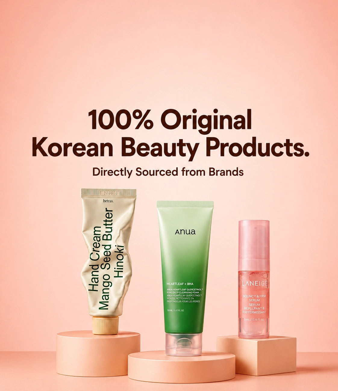 onestep.beauty 100% Original Korean Beauty Products promotional banner showcasing Hetras Hand Cream, Anua Heartleaf Cleansing Foam, and Laneige Bouncy & Firm Serum on display pedestals.